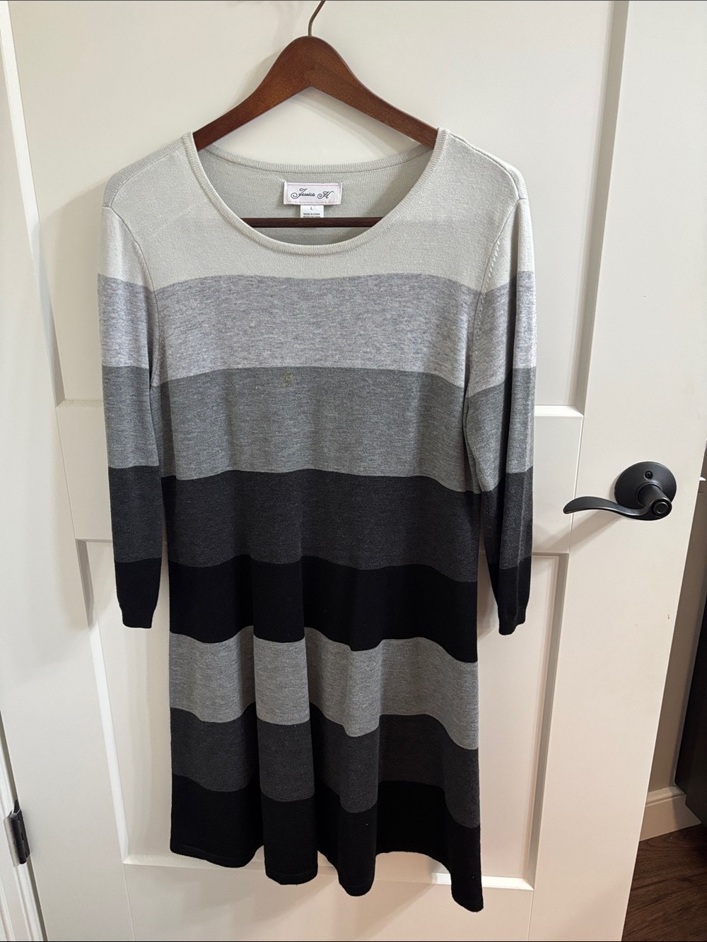 Jessica Howard Gray and Black Striped Long-Sleeve Knit Dress